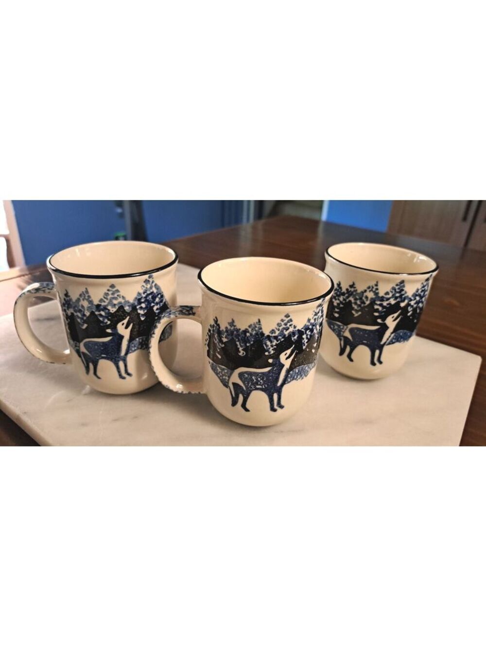 Vintage Set of 3 Folk Craft Tienshan Wolf Pattern Ceramic Mugs
